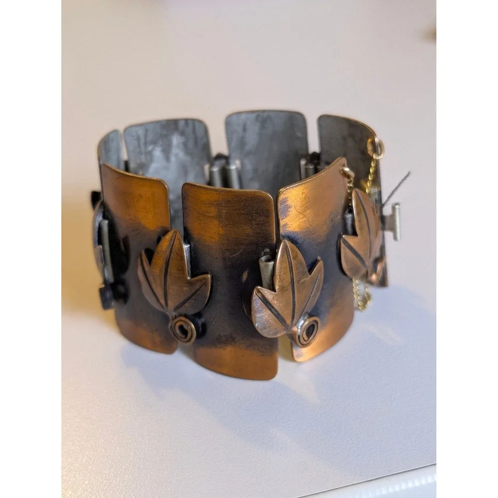 Frank Rebajes Signed Copper Leaf Panel Cuff Bracelet Statement